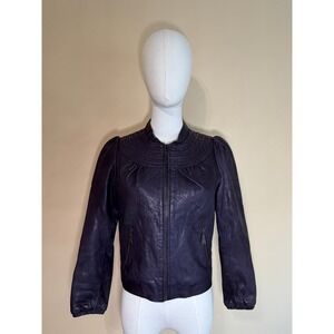 DOMA Purple Pleated Crop Yoke Puff Sleeve Leather Jacket Women Small Excellent